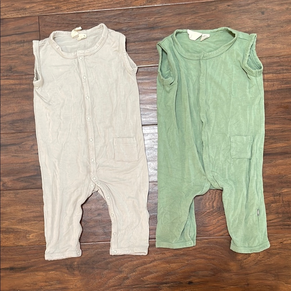 Baby Sleeveless Rompers - Beige and Green